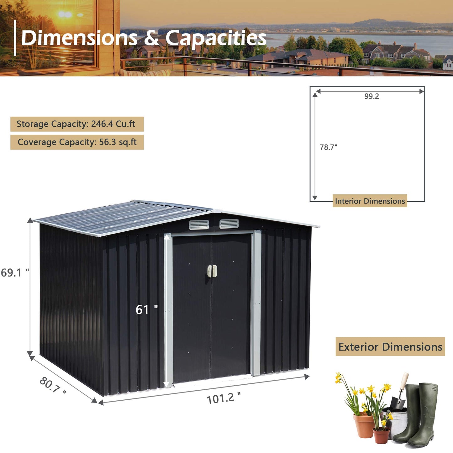 JAXSUNNY Abri de rangement extérieur de 6 x 8 pieds, abri de jardin avec portes coulissantes, bâtiment de stockage utilitaire pour patio, cour arrière, pelouse, avec 4 aérations et toit en pente gris foncé 6' x 8' 