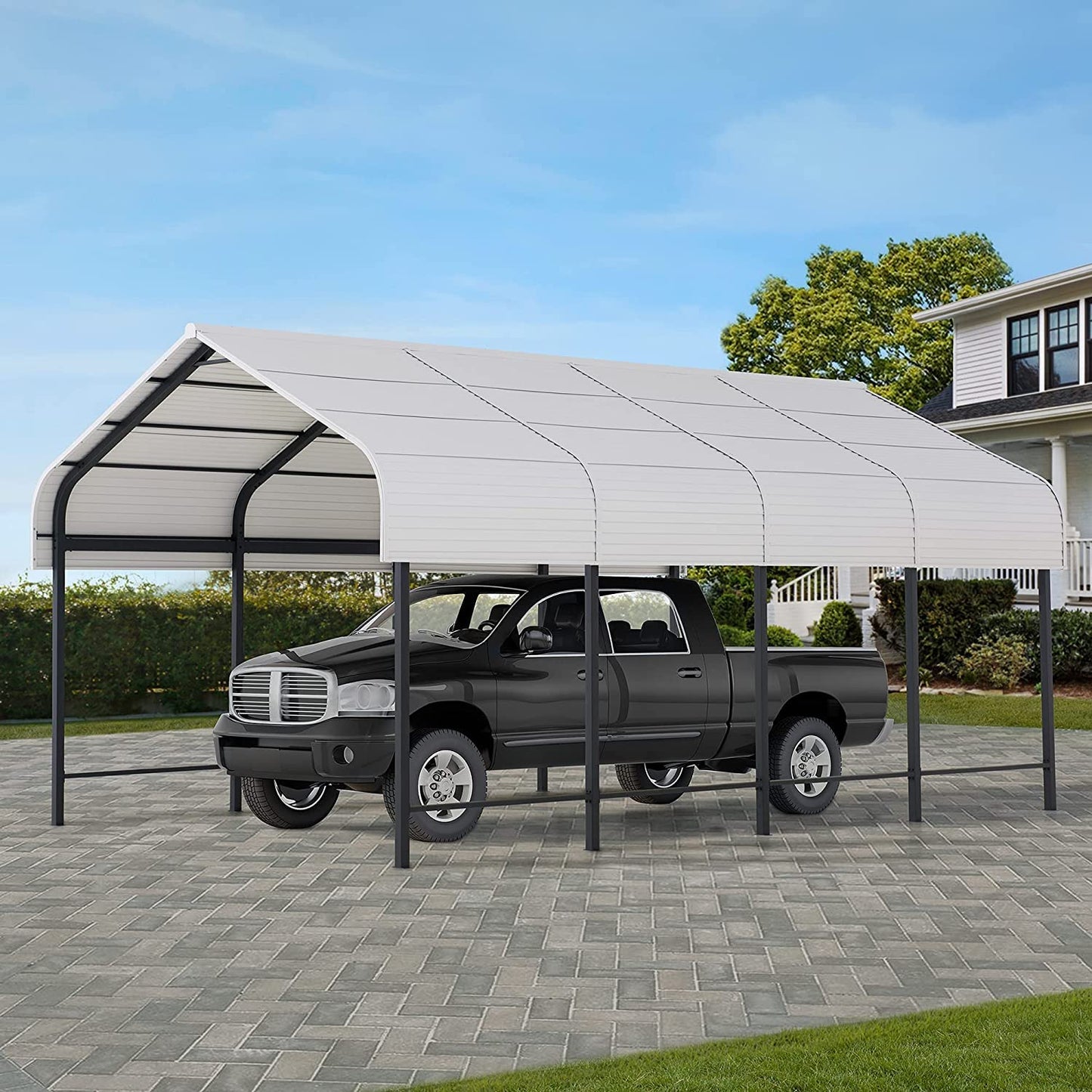 Sunjoy Carport 12 x 20 pi Tonnelle d'extérieur, abri de garage robuste avec toit et cadre en acier/aluminium enduit de poudre, abri de voiture à toit Gambrel pour voiture, bateau, remorque et équipement extérieur blanc/noir 12 x 20 pi 