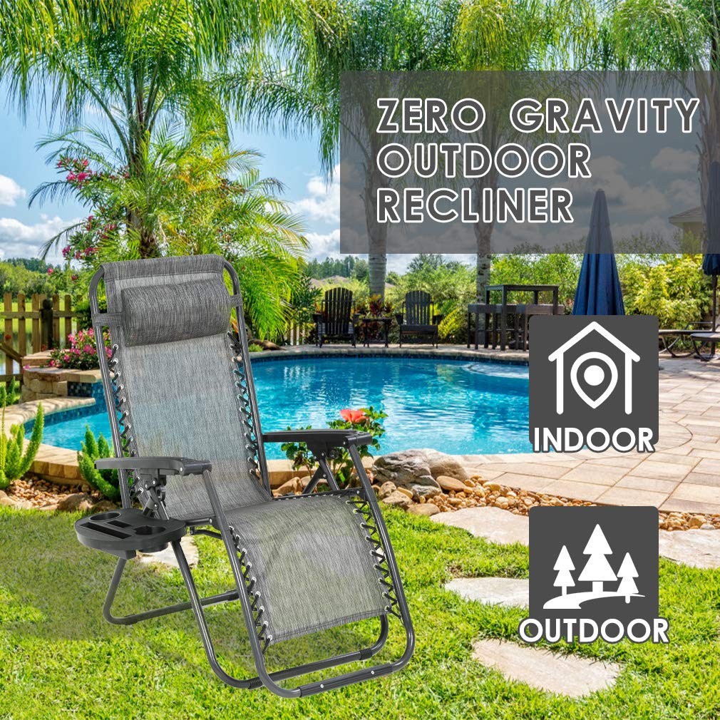 FDW Zero Gravity Chair Lounge Chair Set of 2 Lawn Chair Outdoor Chair Deck Chairs Camping Chairs Folding Patio Chair Beach Chairs Anti Recliner Pool Chair with Pillow and Cup Holder Grey