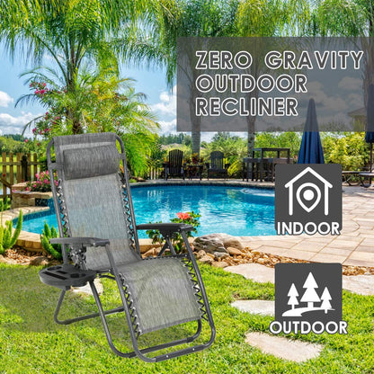 FDW Chaise Zero Gravity Chaise longue Lot de 2 chaises de jardin Chaises longues Chaises de camping Chaises de terrasse pliantes Chaises de plage Chaise de piscine anti-inclinable avec oreiller et porte-gobelet Gris