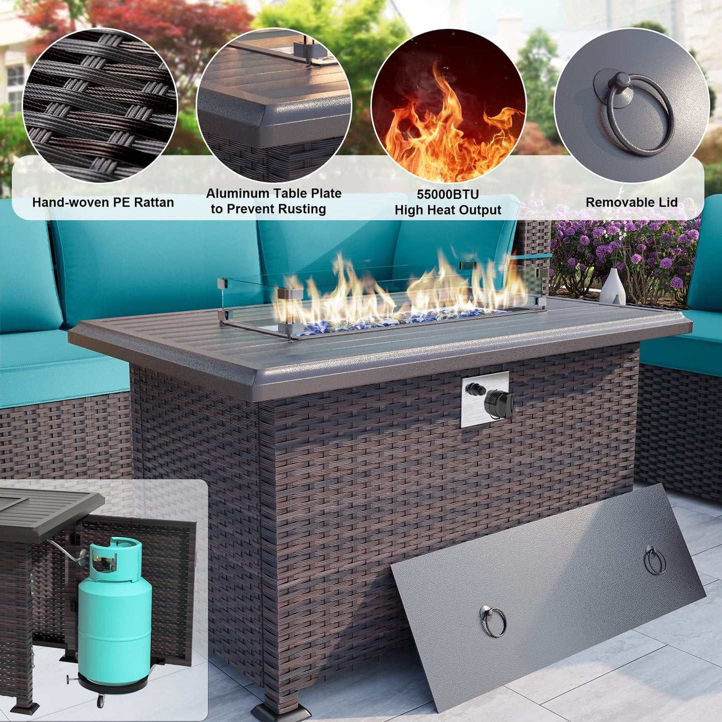 ALAULM 15 Pieces Outdoor Patio Furniture Set with Propane Fire Pit Table Outdoor Sectional Sofa Sets Patio Furniture