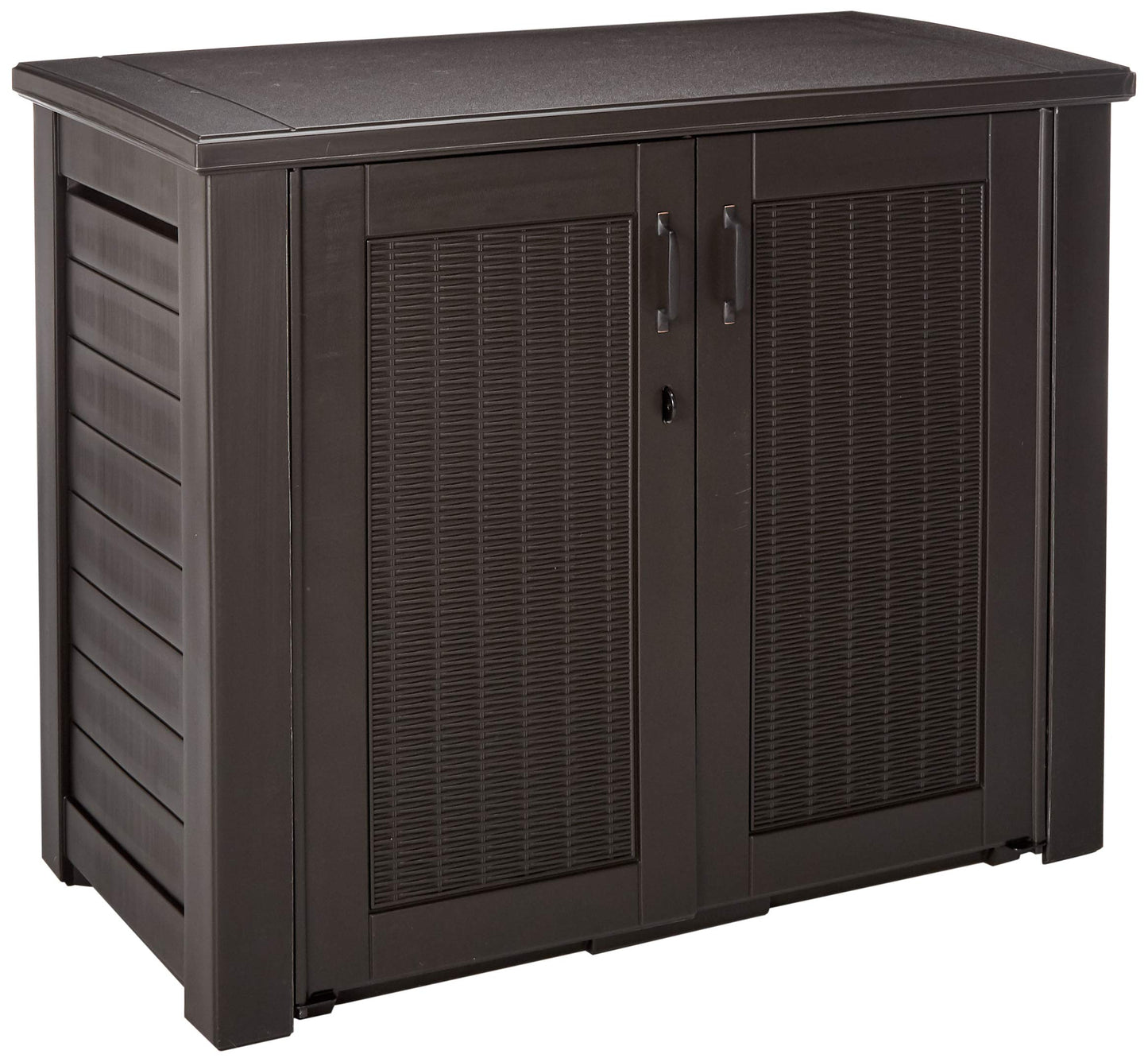 Rubbermaid Patio Chic Boîte de rangement extérieure en résine résistante aux intempéries, 123 gallons, panier en osier de chêne noir, coussins d'extérieur, outils de jardin, jouets de piscine, armoire marron + grande boîte de terrasse 150 GL 