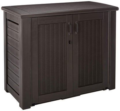 Rubbermaid Patio Chic Resin Weather Resistant Outdoor Storage Deck Box, 123 Gal, Black Oak Rattan Wicker Basket Weave, Outdoor Cushions, Garden Tools, Pool Toys, Brown Cabinet + Large Deck Box 150GL