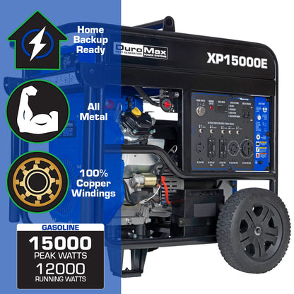 DuroMax XP15000E Gas Powered Portable Generator-15000 Watt Electric Start-Home Back Up & RV Ready, 50 State Approved, Blue/Black 15,000-Watt Gas