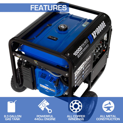 DuroMax XP10000E Gas Powered Portable Generator-10000 Watt Electric Start-Home Back Up & RV Ready, 50 State Approved, Blue/Black 10,000-Watt Gas