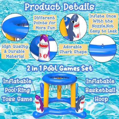 Ensemble de jeux de piscine 2 en 1, cerceau de basket-ball gonflable et jeu de lancer d'anneaux, jouets aquatiques pour enfants adultes famille, accessoires de piscine pour garçons filles