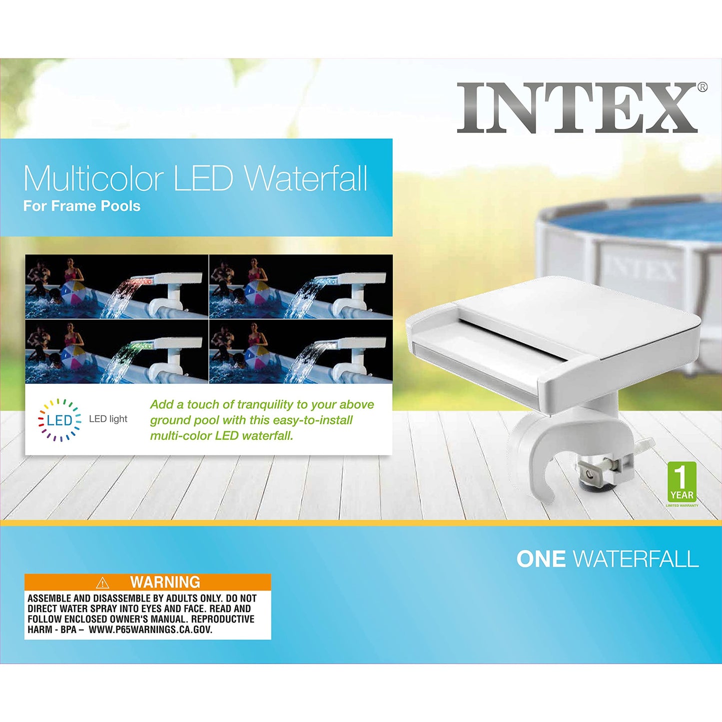 Intex Multi-Color LED Waterfall Cascade for Intex Above Ground Pools, with Hydroelectric Power - No Batteries Required, 14"