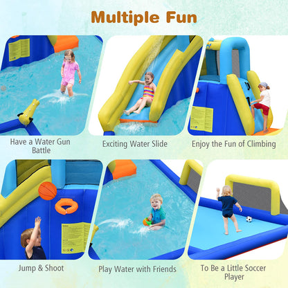 BOUNTECH Toboggans aquatiques gonflables pour enfants, parc aquatique géant 6 en 1 pour s'amuser en plein air avec piscine à éclaboussures de football aquatique, toboggans gonflables gonflables pour enfants et adultes, cadeaux de fête sans souffleur d'air