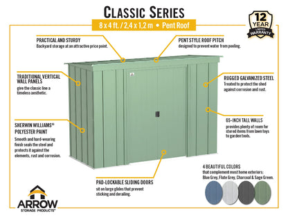 Arrow Shed Classic 8' x 4' Hangar de rangement extérieur cadenassable en acier, gris flûte 8' x 4' 