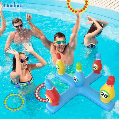 Max Fun Piscine Flotteurs Jouets Jeux Ensemble Flottant Panier De Basket Bowling Gonflable Croix Anneau Lancer Piscine Jeu Jouets pour Enfants Adultes Piscine Eau Jeu Accessoires Bowling Cross + Basketball