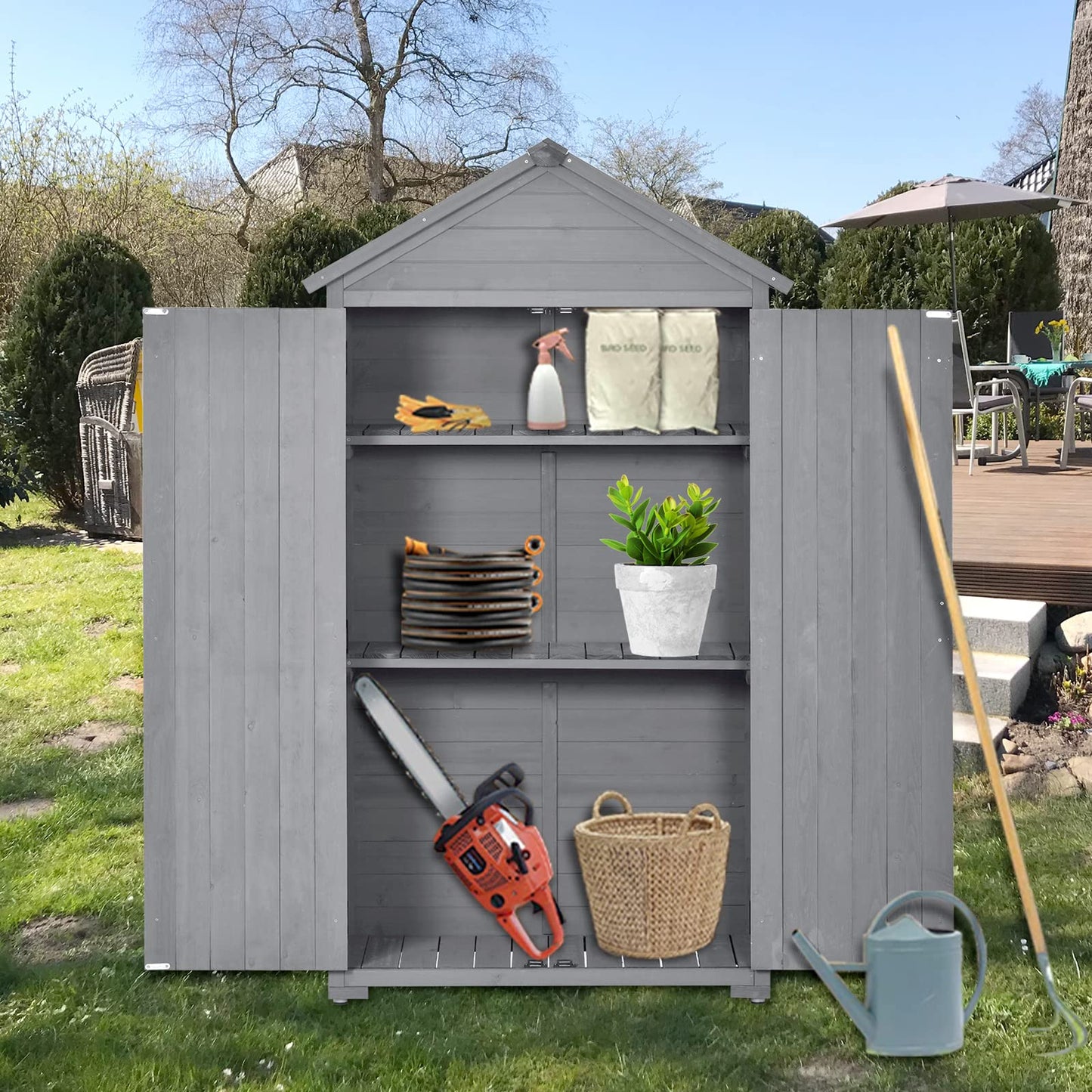 Outdoor Wooden Storage Cabinet Waterproof, Garden Tool Shed with 3-Tier Shelves, Outside Vertical Shed with 2 Double Doors & Adjustable Legs, Fir Wood, Lockable, Gray 35.4 x 22.4 x 69.3 Gray-3