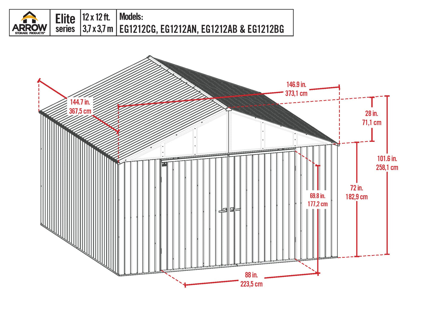 Arrow Shed Elite Hangar de rangement extérieur en acier avec toit à pignon verrouillable, 12' x 12', Anthracite 