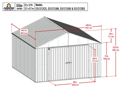 Arrow Shed Elite Hangar de rangement extérieur en acier avec toit à pignon verrouillable, 12' x 12', Anthracite 