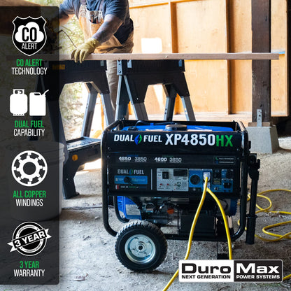 DuroMax XP4850HX Générateur portable double carburant - 4850 W - Démarrage électrique alimenté au gaz ou au propane avec alerte CO, approuvé par 50 États - Bleu 4 850 W double carburant 