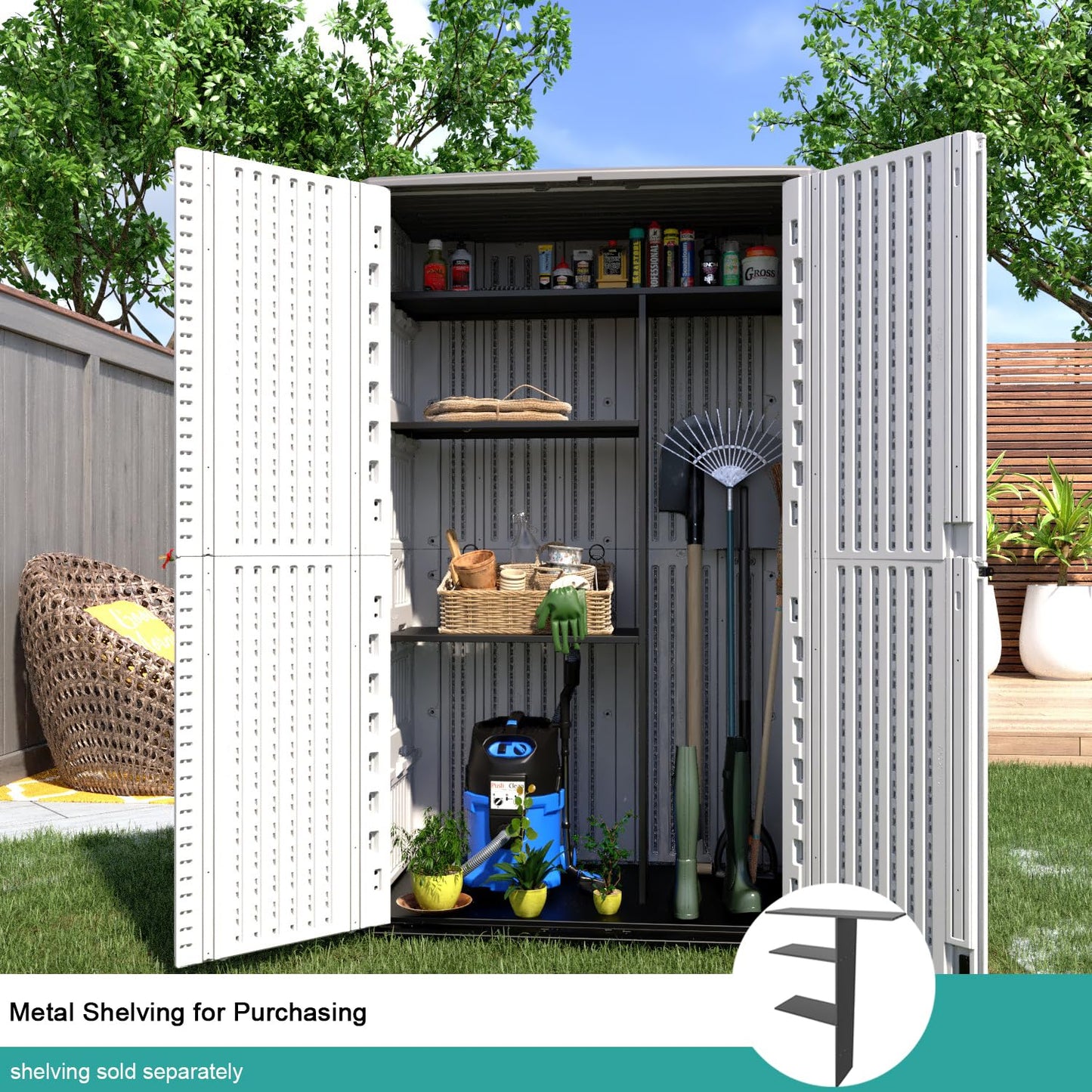 Outdoor Storage Shed,KINYING Outdoor Storage Cabinet Waterproof with Double Doors,52 Cu.ft Resin Vertical Tool Shed for Garden,Patio,Backyard,4×2.5×6.6 FT Off White Shed-04D