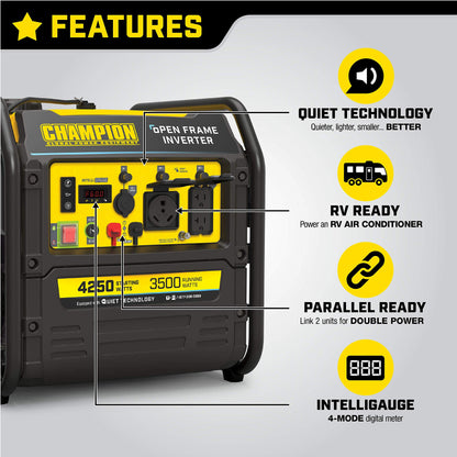 Champion Power Equipment 200954 Générateur à onduleur à cadre ouvert prêt pour camping-car, 4 250 watts, technologie silencieuse, 4 250 watts + gaz + démarrage manuel 