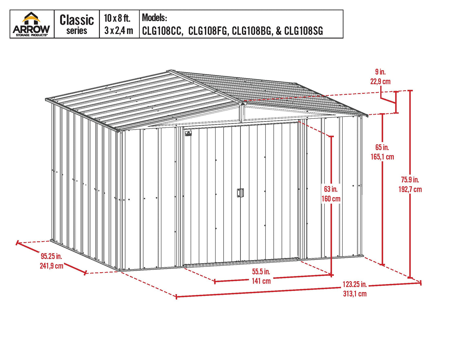 Arrow Shed Classic 10' x 8' Hangar de rangement extérieur cadenassable en acier Charbon de bois 