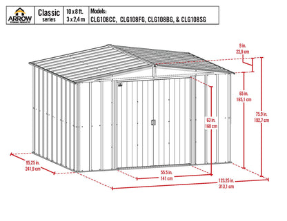 Arrow Shed Classic 10' x 8' Hangar de rangement extérieur cadenassable en acier Charbon de bois 