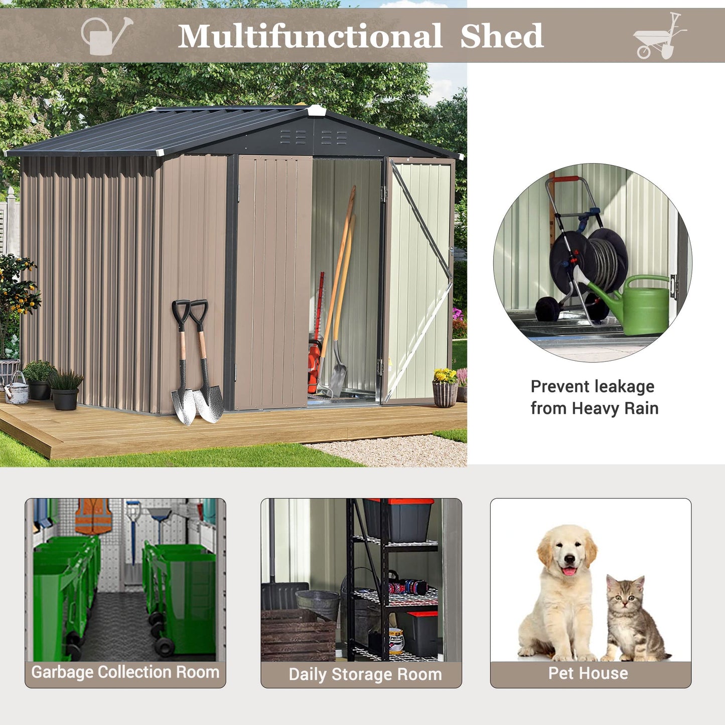 Goohome Sheds & Outdoor Storage, 8ft x6ft Outdoor Storage Shed with Design of Lockable Doors and Air Vent, Stable Steel Shed, Spacious Multipurpose House Garden Tool Storage Shed for Backyard Patio B-Brown a