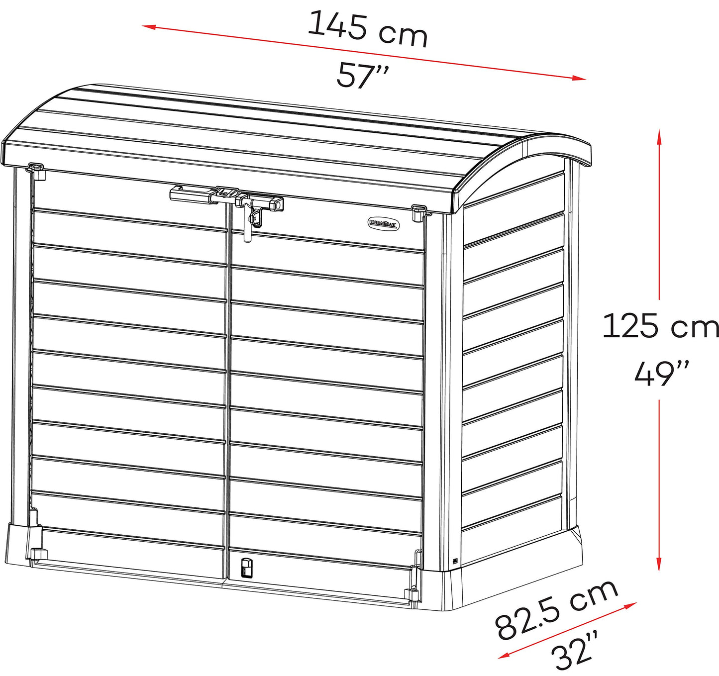 Duramax Cedargrain StoreAway 1200L Abri de Jardin en Plastique/Couvercle Arc - Abri Vélo de Rangement Extérieur - Construction Durable et Solide - Idéal pour Outils, Vélos, Barbecues et 2 Poubelles 240L, 145x85x125 cm, Couvercle Arc Gris Gris 1200 litres 