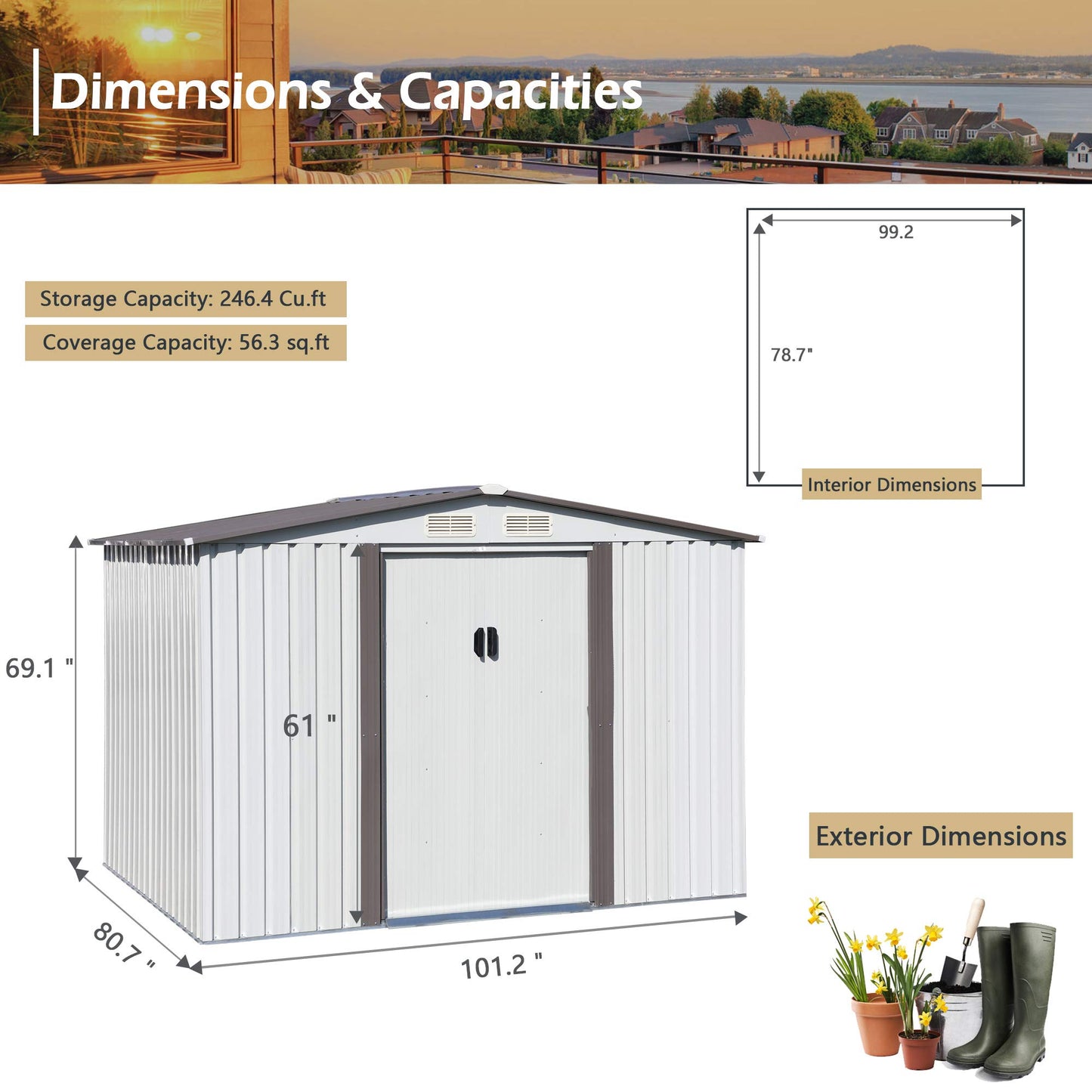 JAXSUNNY Abri de rangement extérieur de 6 x 8 pieds, abri de jardin avec portes coulissantes, bâtiment de stockage utilitaire pour patio, cour arrière, pelouse, avec 4 aérations et toit en pente gris clair 6' x 8' 