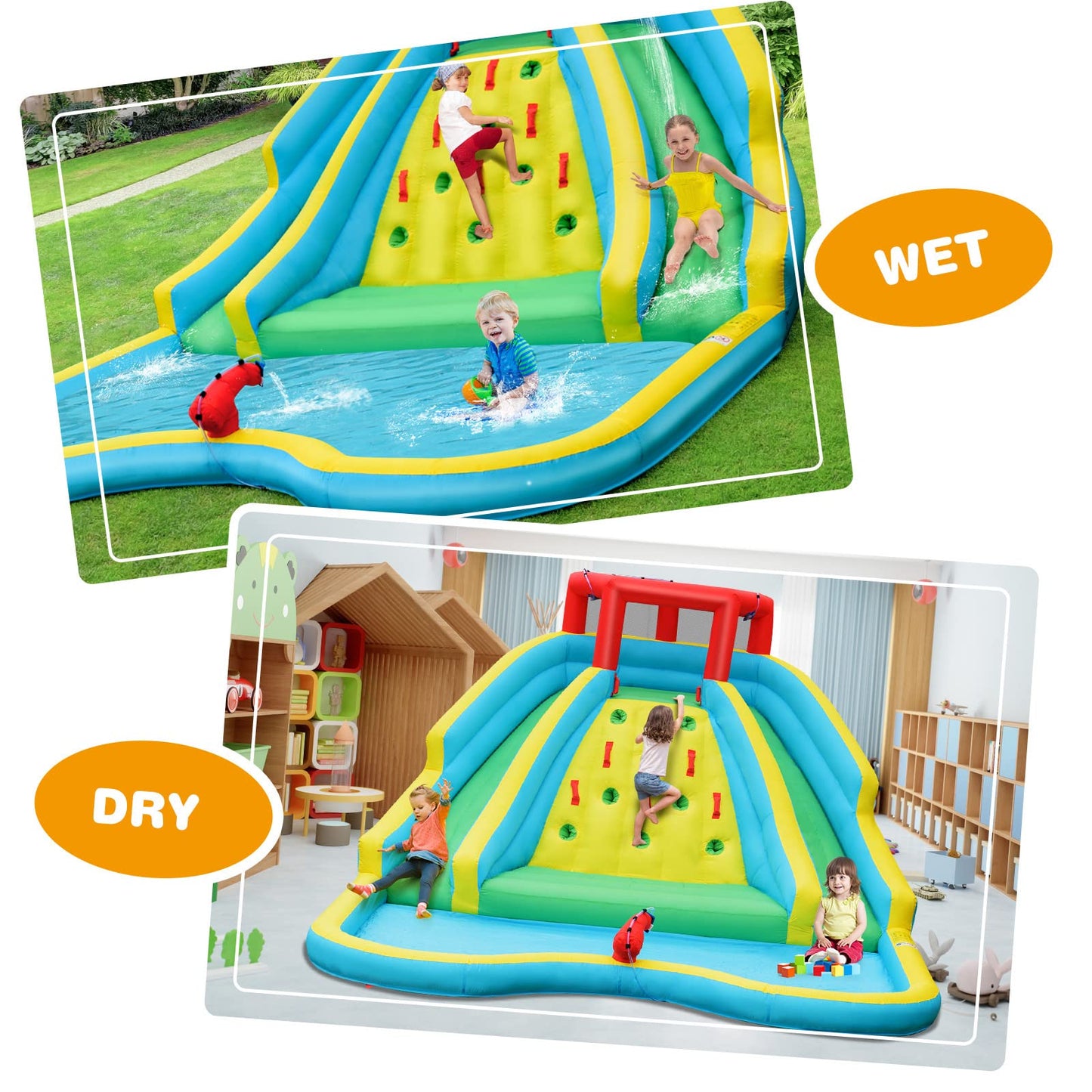 HONEY JOY Inflatable Water Slide, Giant Kids Water Park w/ 2 Long Slides & Climbing Wall, Water Hoses & Cannon, Large Splash Pool, Outdoor Blow Up Waterslides for Backyard(with 750w Blower) With 750w Blower