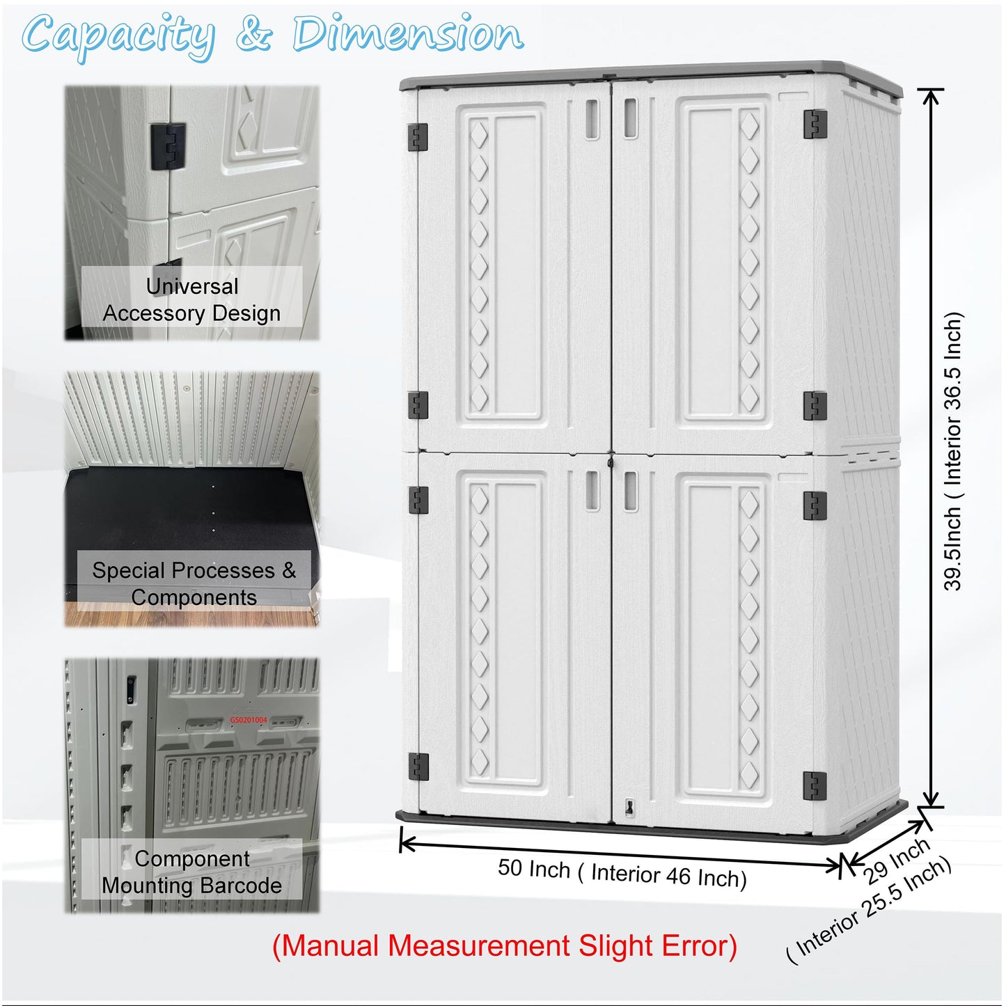 Mrosaa Vertical Resin Storage Shed, 52 Cu.ft Outdoor Storage Cabinet Waterproof for Garden/Backyard/Home/Pool, Customized Shelves & Lockable (Off White) 52 Cu.ft-White