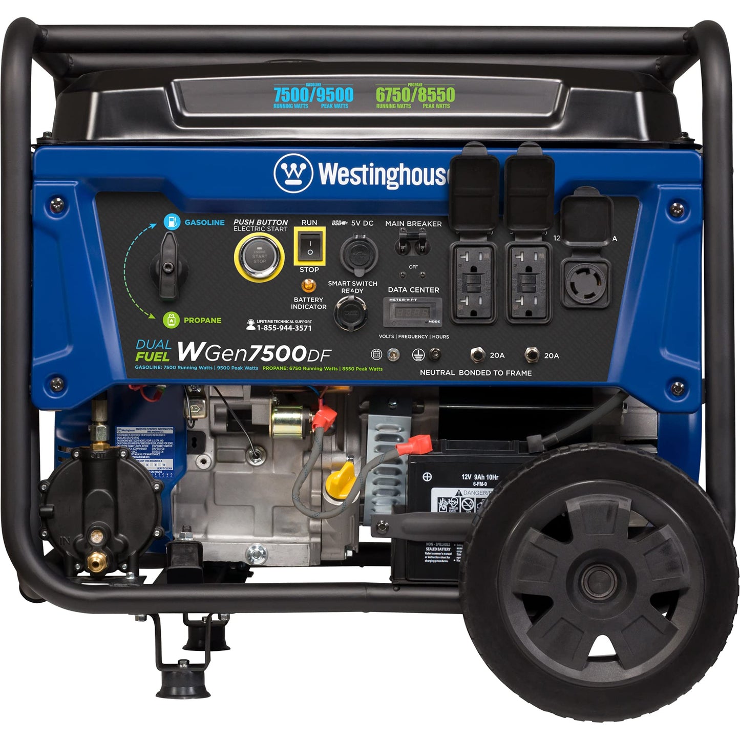 Générateur portatif de secours domestique à double combustible Westinghouse de 9 500 watts de pointe avec démarrage électrique à distance - WGen7500DF 