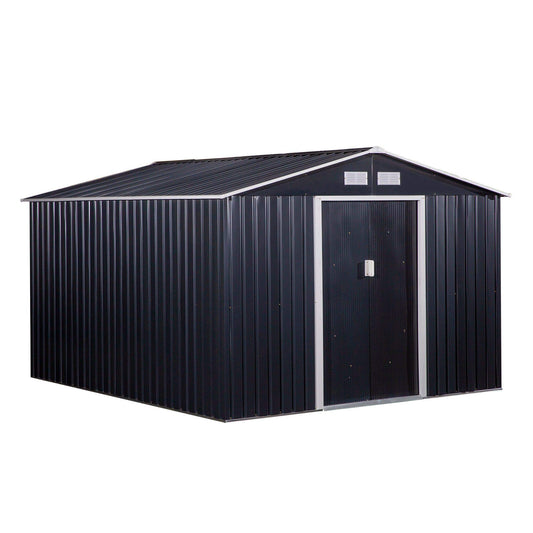 Outsunny 11' x 9' Metal Storage Shed Garden Tool House with Double Sliding Doors, 4 Air Vents for Backyard, Patio, Lawn Dark Grey 11' x 9'