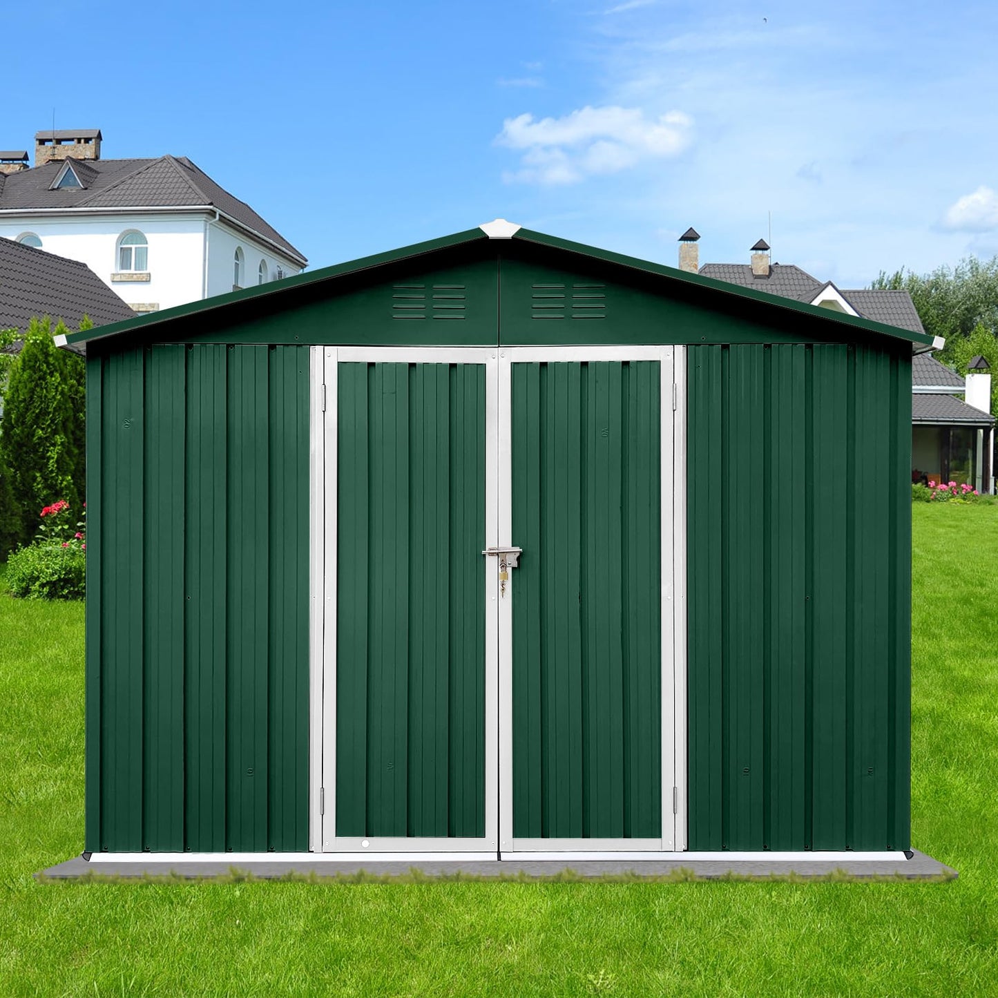 Lyromix 10' × 8' Metal Outdoor Storage Shed with Door & Lock, Waterproof Garden Storage Tool Shed with Base Frame for Backyard Patio, Dark Green 10×8 FT