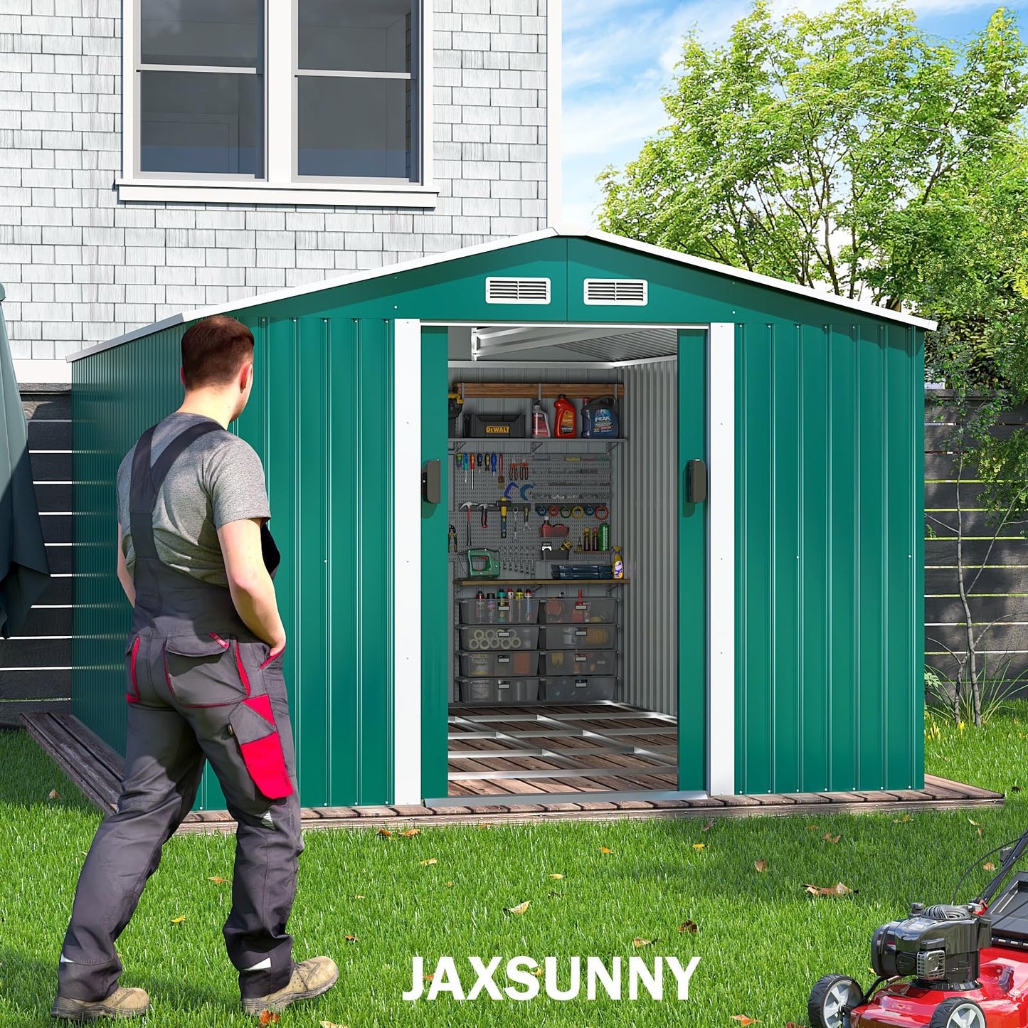 JAXSUNNY 10.5x9.1FT Outdoor Storage Shed, Large Metal Tool Sheds & Outdoor Storage with 4 Air Vents for Backyard Garden Patio Lawn, Green 10.5x9.1