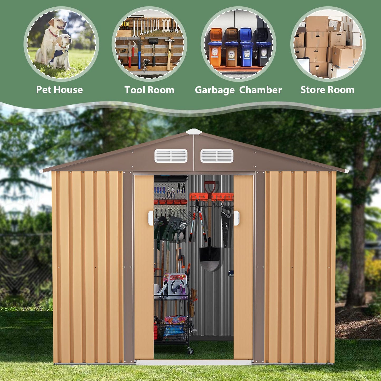 HOGYME Storage Shed 8' x 6' Outdoor Garden Shed Metal Shed Suitable for Storing Garden Tool Lawn Mower Ladder Coffee 8x6