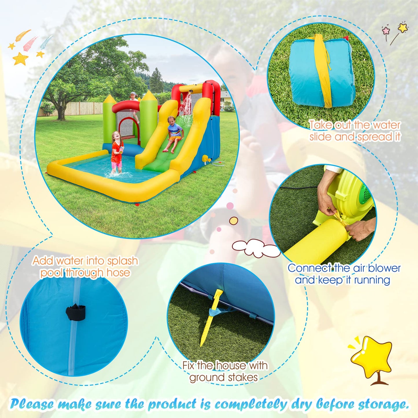 Toboggan aquatique gonflable Costzon, maison rebondissante pour enfants avec grande zone de saut, mur d'escalade, piscine à éclaboussures, toboggans aquatiques gonflables pour enfants, cadeaux de fête dans le jardin sans souffleur