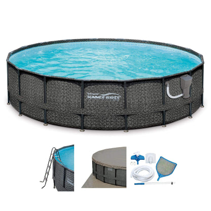 Summer Waves Elite P4A02048B 20ft x 48in Above Ground Frame Swimming Pool Set w/ Filter Pump, Pool Cover, Ladder, Ground Cloth, & Maintenance Kit Dark Herringbone