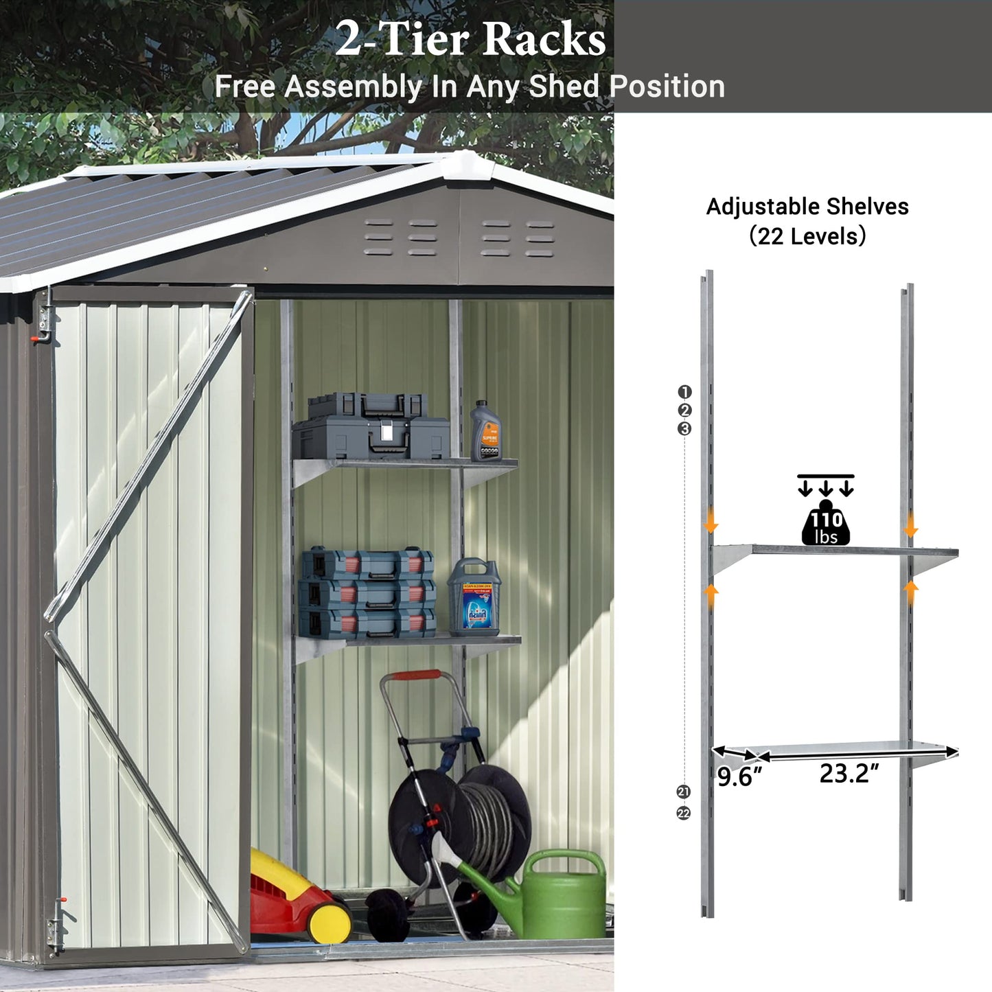 Tensun Patio Abri de jardin pour vélo de 2,4 x 1,8 m avec base au sol, abri de rangement en métal avec étagère réglable et portes verrouillables, armoire à outils avec aérations et cadre de fondation pour cour, pelouse, jardin, gris gris-10 