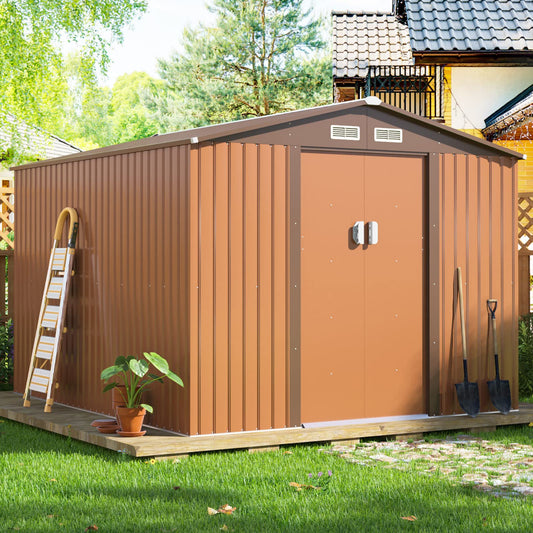 JAXPETY 9.1x10.5FT Outdoor Storage Large Shed, Galvanized Metal Shed Garden Shed with Lockable Double Doors and Floor Frame for Garden Patio Backyard Lawn, Coffee 9.1x10.5