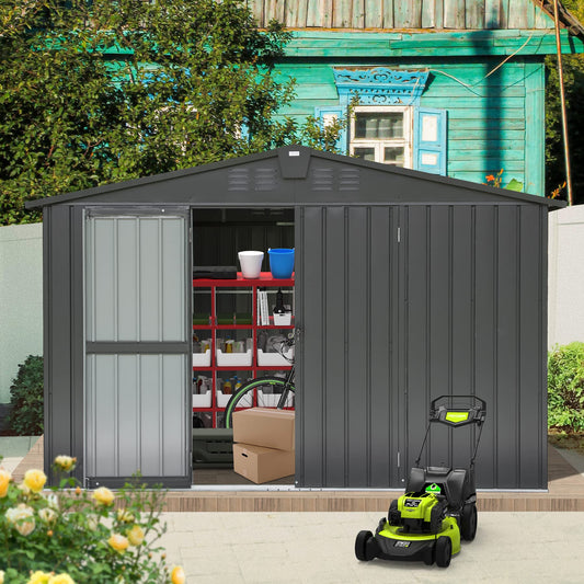 Domi Outdoor Living 10’ x 8’ Outdoor Storage Sheds,Steel Tool Shed Storage House with Lockable Door,Outdoor Galvanized Steel Sheds for Deck, Backyard, Garden, Patio and Lawn Dark Gray 10' x 8'