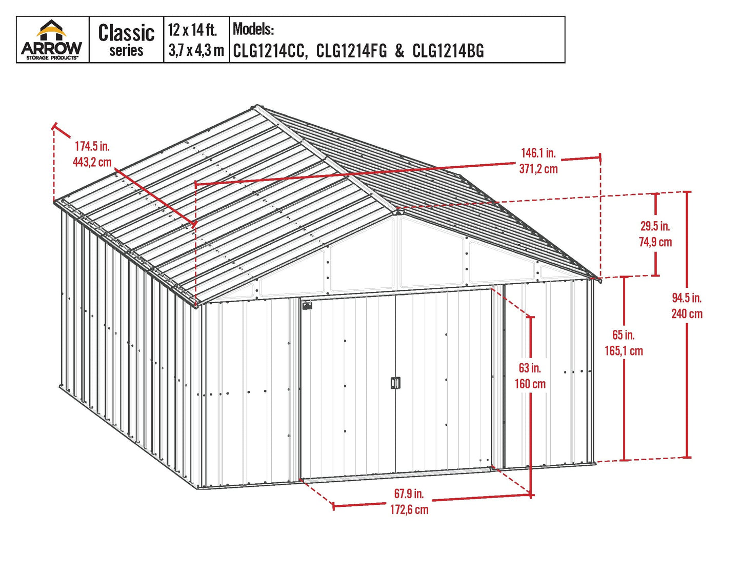 Arrow Sheds Classic Hangar de rangement extérieur cadenassable en acier, 12' x 14', charbon de bois 