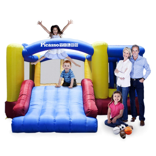 [Version de mise à niveau] Picasso Toys KC102 12 x 10 pieds Gonflable Bouncer Jumping Bouncer House, Jump Slide, Dunk Playhouse w/ Basketball Rim, 4 Sports Balls, Full-Size Entry, 580W ETL Certified Blower Bounce House102