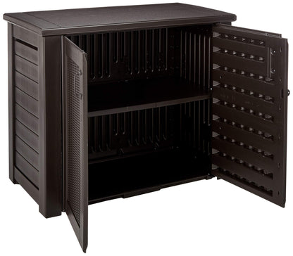 Rubbermaid Patio Chic Boîte de rangement extérieure en résine résistante aux intempéries, 123 gallons, panier en osier de chêne noir, coussins d'extérieur, outils de jardin, jouets de piscine, armoire marron + grande boîte de terrasse 150 GL 