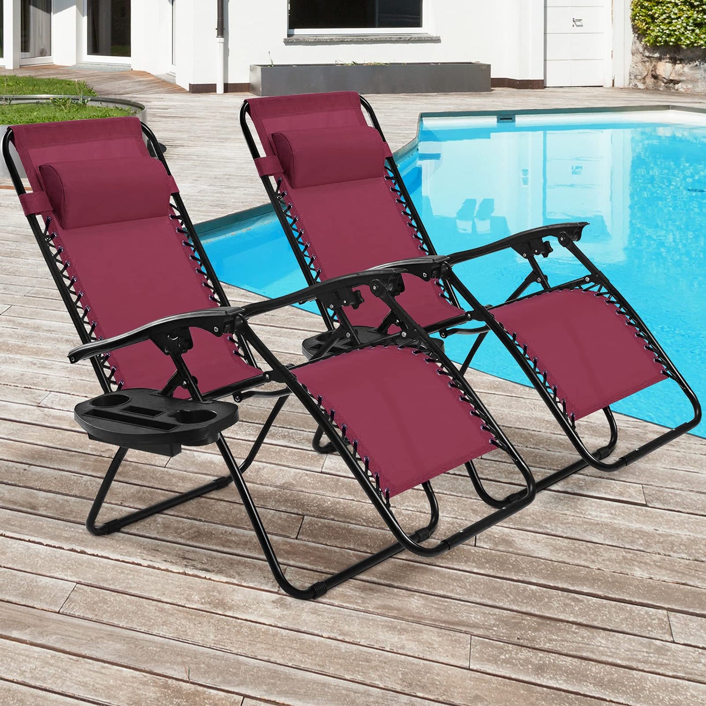 Goplus Zero Gravity Chair, Adjustable Folding Reclining Lounge Chair with Pillow and Cup Holder, Patio Lawn Recliner for Outdoor Pool Camp Yard (Set of 2, Wine) set of 2