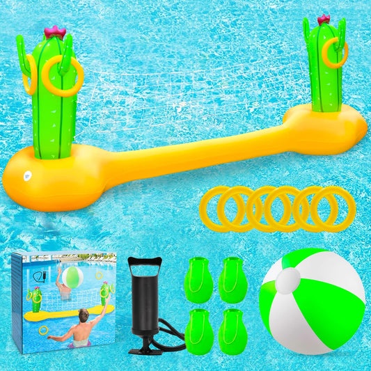 X XBEN Inflatable Pool Volleyball Game with Ring Toss, Pool Float Set with Ball, Volleyball Net, Water Pool Game Adults Family & Swimming, Summer Floaties, Volleyball Court (Yellow)