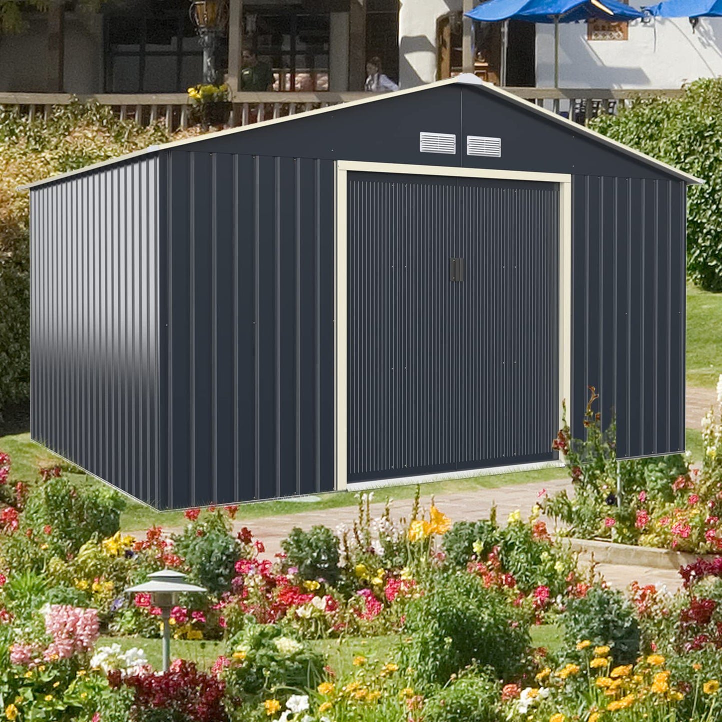 Giantex Abri de rangement extérieur avec double porte coulissante, espace de rangement de jardin en métal galvanisé, ventilation avant et arrière, abri de rangement résistant aux intempéries pour jardin, patio, pelouse (3 x 2,4 m) 3 x 2,4 m 