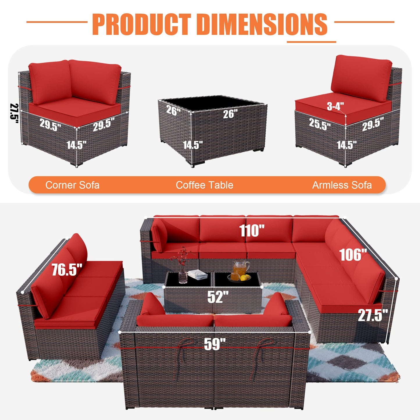 ALAULM 14 Pieces Outdoor Patio Furniture Set Sectional Sofa Sets - Red