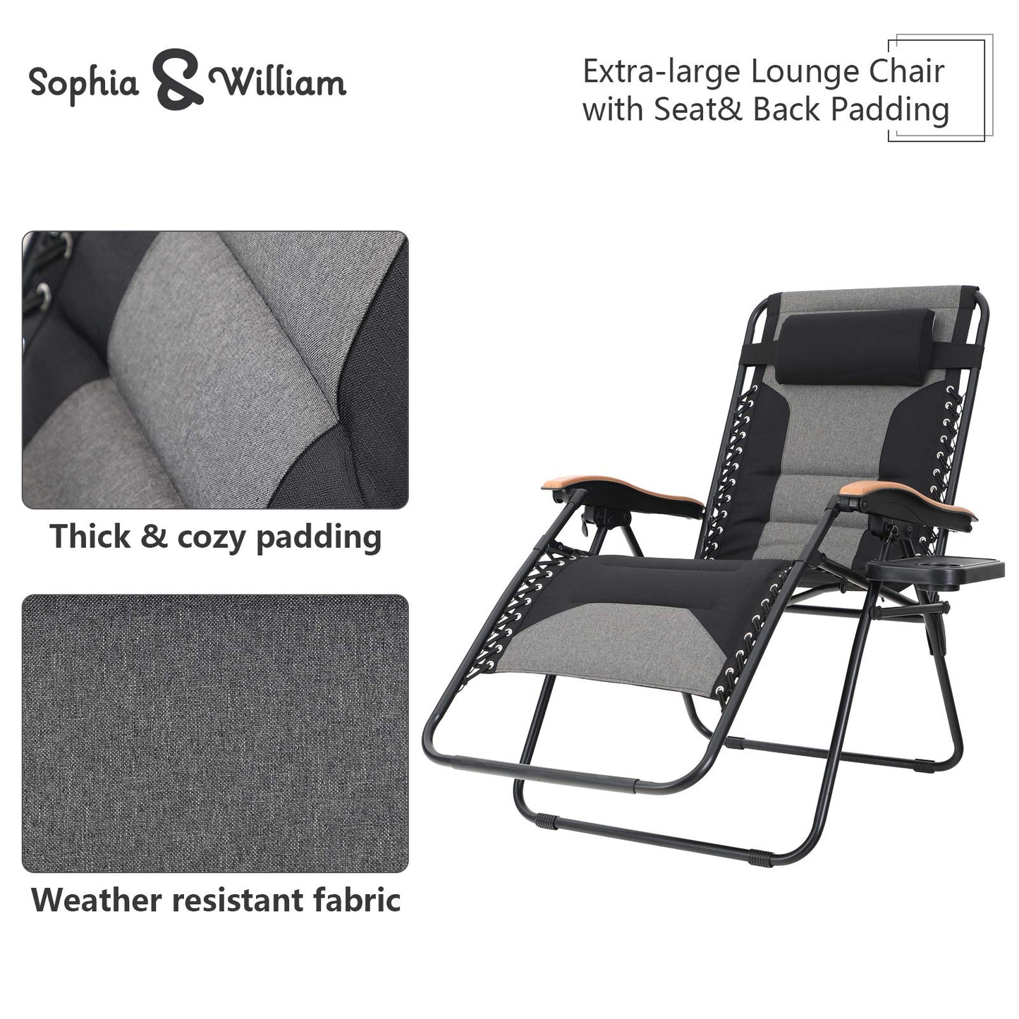 Sophia & William Padded Zero Gravity Chair Oversize Lounge Chair with Free Cup Holder, Supports 350 LBS (Black) 1 Pack Black