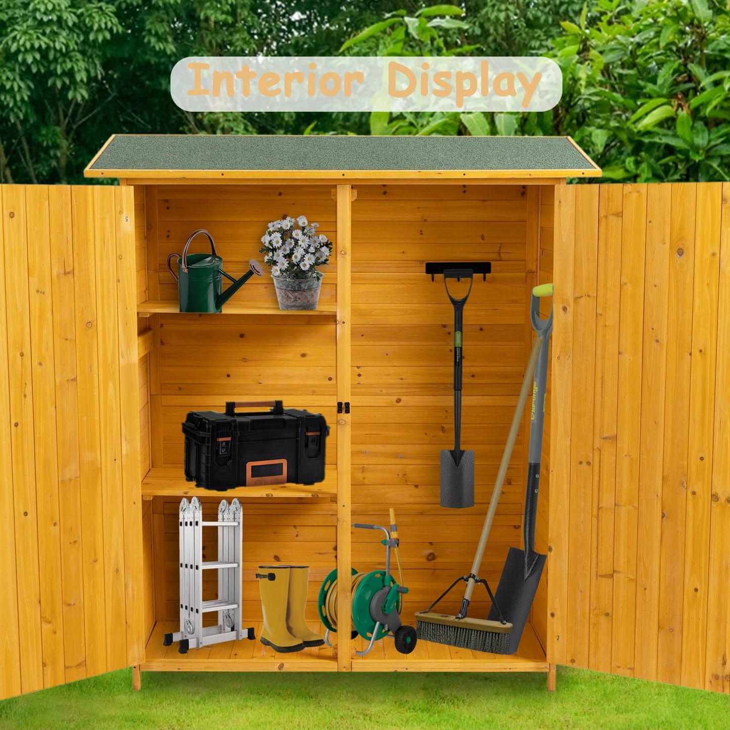 Abri de rangement en bois avec sol, armoire de rangement extérieure étanche avec 3 étagères amovibles et porte verrouillable, abri de jardin avec crochet, abri vertical extérieur avec 2 portes doubles (gris) 56 x 19,5 x 64 gris avec 3 étagères et crochet 