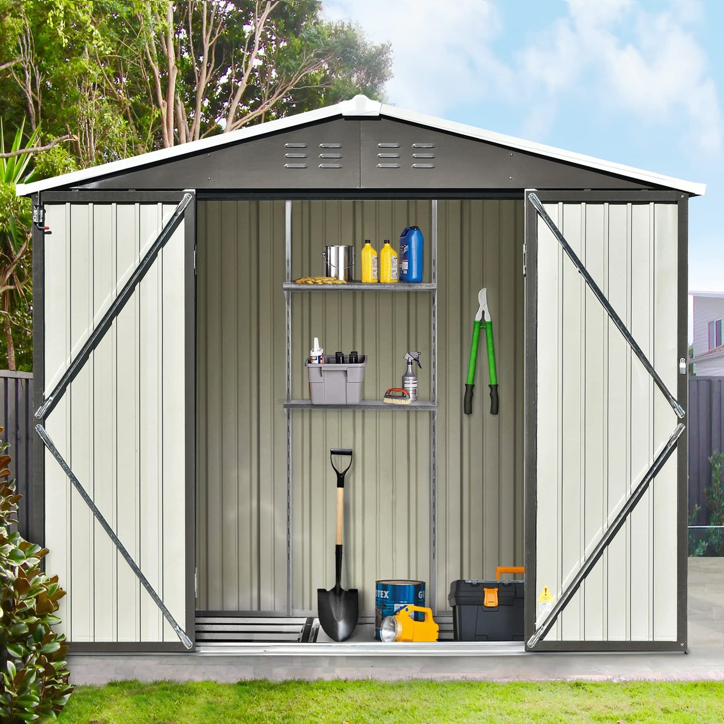Evedy Metal Storage Shed Organizer,Patio 8x6ft Bike Shed Garden Shed,Storage Shed with Adjustable Shelf and Lockable Doors,Tool Cabinet with Vents and Foundation Frame for Backyard,Lawn,Garden,Gray Sheds & Outdoor Storage Gray