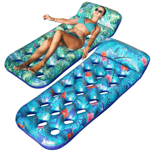 FindUWill Lot de 2 flotteurs gonflables pour piscine avec appuie-tête pour adultes, X-Large, flotteurs de piscine rafraîchissants Contour Lounger (Monstera Green &amp; Monstera Blue) 2 PACK-Monstera Green &amp; Monstera Blue