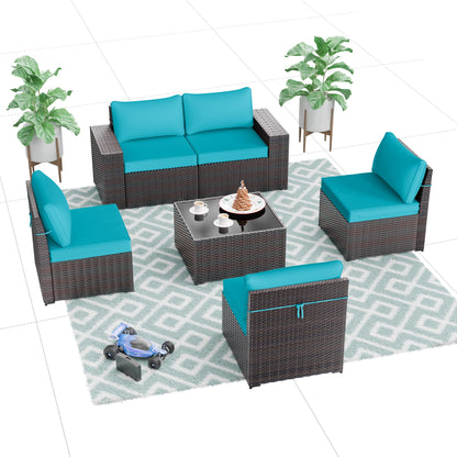 ALAULM 6 Pieces High-back Sectional Sofa Set Patio Furniture - Blue