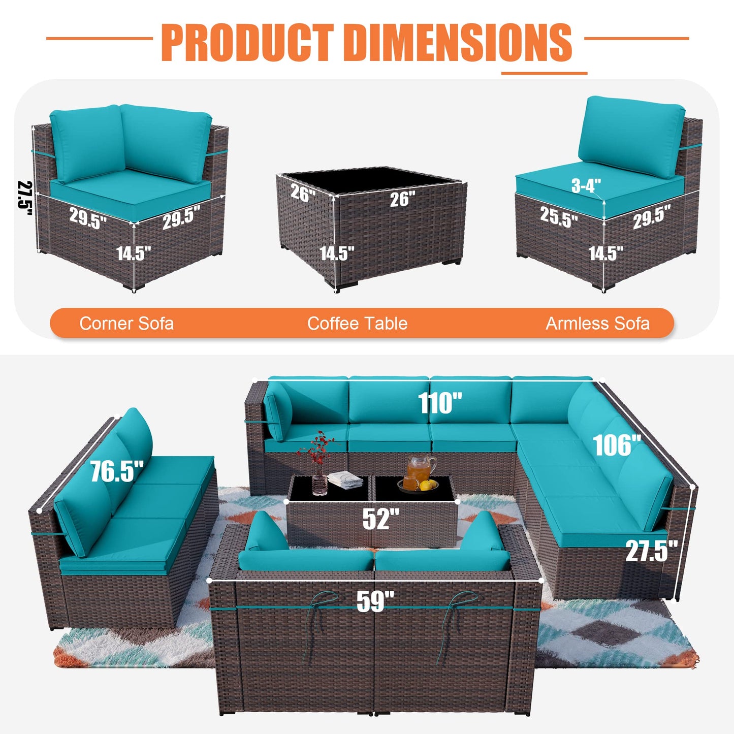 ALAULM 14 Pieces Sectional Sofa Sets Outdoor Patio Furniture - Blue Seat Cushions and 2 Coffee Tables